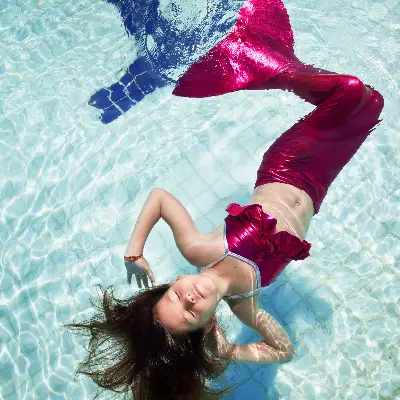 Kind mit Meerjungfrauenflosse, dass sich auf dem Wasser liegend treiben lässt